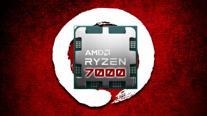 AMD Ryzen 7000 CPU auf rotem Hintergrund und weißem Kreis