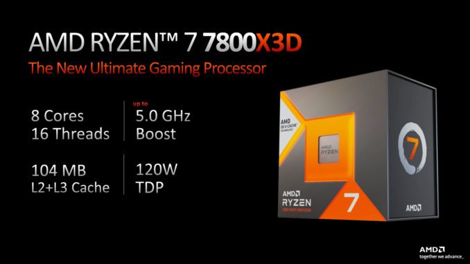 AMD Ryzen 7 7800X3D in Box neben technischen Details auf schwarzem Hintergrund