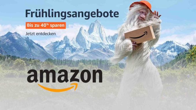 Amazon Frühlingsangebote - Yeti mit Paket in der Hand vor Alpen-Hintergrund